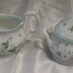 Mikasa antique green strawberry fair sugar bowl and creamer